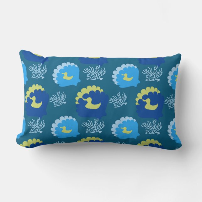 Coussin Rectangle Océan bleu avec des coquillages et des canards Cou (Recto)