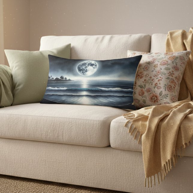 Coussin Rectangle Océan Lune Vagues Céleste Ciel de nuit (Moonlit Ocean Waves Lumbar Pillow)