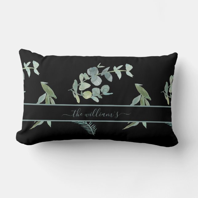 Coussin Rectangle Oeucalyptus botanique motif vert noir (Recto)
