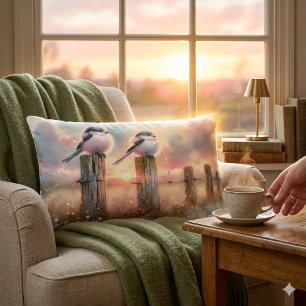 Coussin Rectangle Oiseaux à l'aquarelle pastel sur une clôture au co