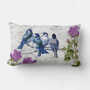 Coussin Rectangle Oiseaux bleus vintage Fleurs violettes Musique sur