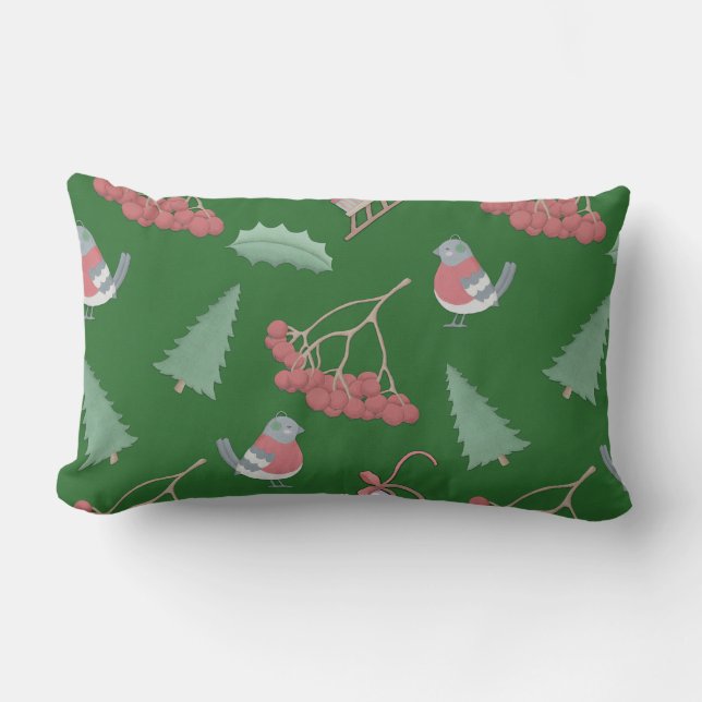 Coussin Rectangle Oiseaux de Noël et dorures vertes (Recto)