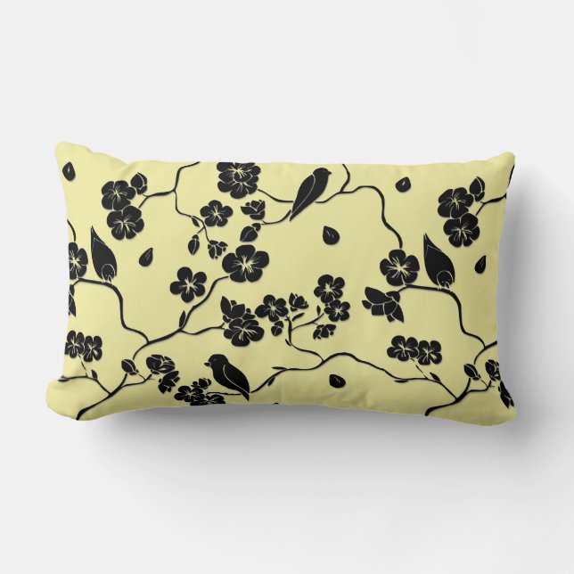Coussin Rectangle Oiseaux en fleurs de cerises Noir sur citron Jaune (Recto)