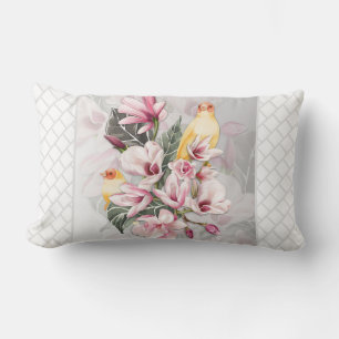 Coussin Rectangle Oiseaux et fleurs de Magnolia rose
