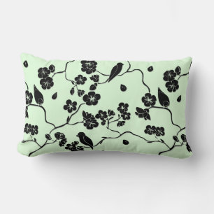 Coussin Rectangle Oiseaux sur fleurs de cerisier noir sur vert menth