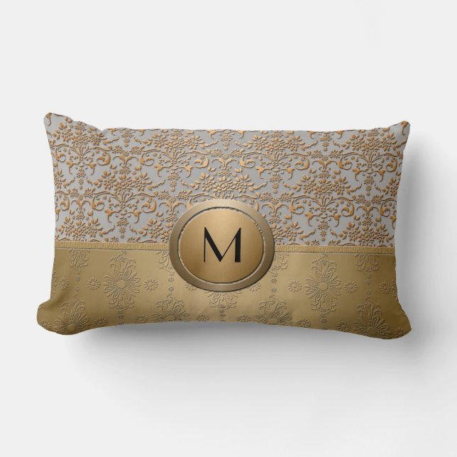 Coussin Rectangle Or et Argent Simulé Élégant Monogramme Damassé (Recto)