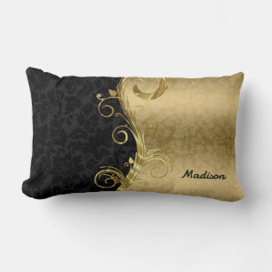 Coussin Rectangle Or Métallique Et Damas Floral Noir