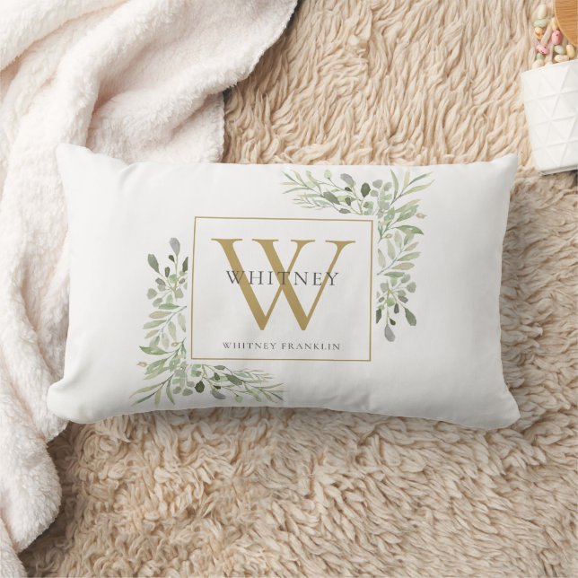 Coussin Rectangle Or Monogramme initial Vert moderne Floral (Couverture)