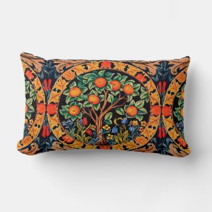 COUSSIN RECTANGLE ORANGE ARBRE AVEC FEUILLES VERTS, FLEURS