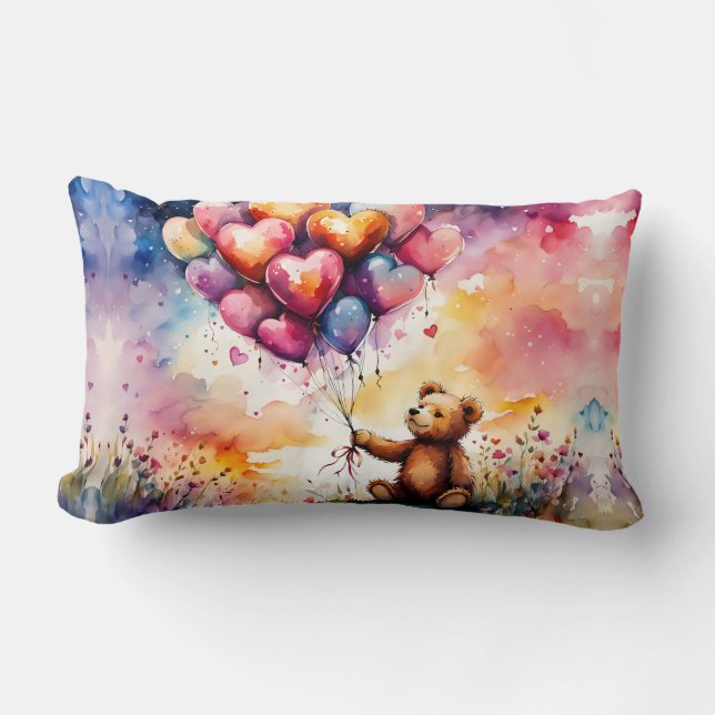 Coussin Rectangle Ours en peluche avec ballons en forme de coeur (Recto)