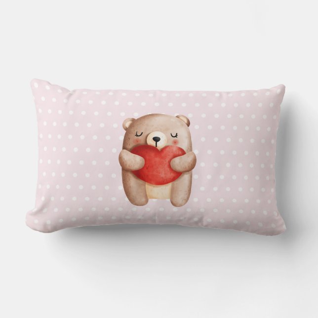 Coussin Rectangle Ours en peluche mignon portant un coeur rouge (Recto)