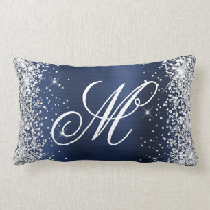 Coussin Rectangle Pailleté Argent Monogramme Fantaisie Navy Foil