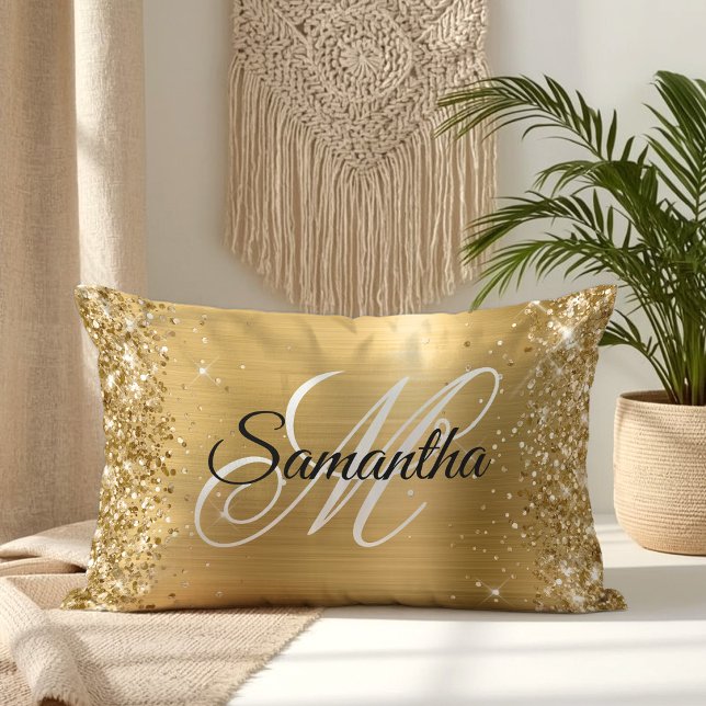 Coussin Rectangle Pailleté Or Satin Feuille Monogramme (Glittery Gold Satin Foil Monogram Lumbar Pillow)