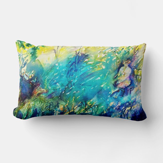 COUSSIN RECTANGLE PAN JOUER FLUTE ET CERF EN BOIS VERT (Recto)