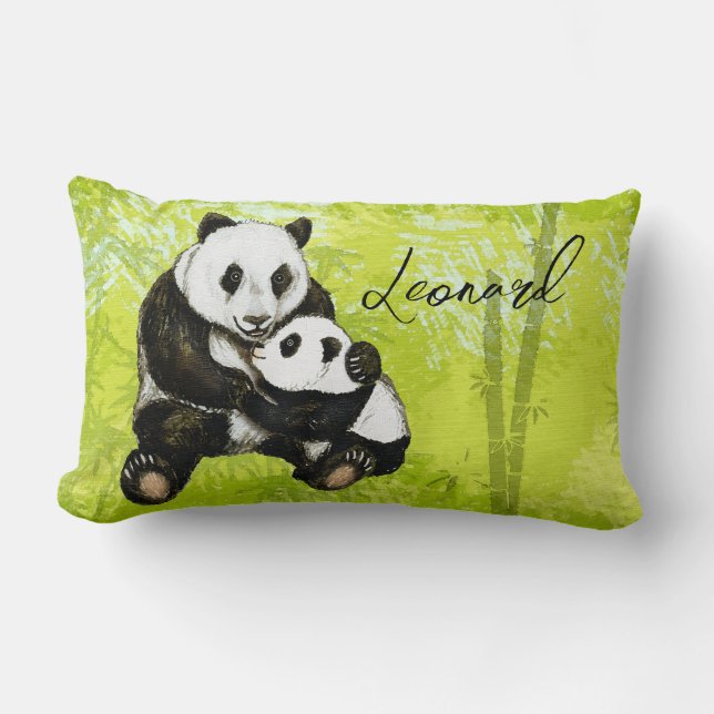 Coussin Rectangle Panda ours mère avec enfant - peint à la main | Co (Recto)