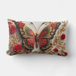 Coussin Rectangle Papillon rouge et or orné de roses