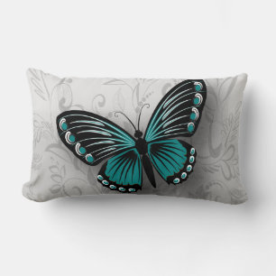 Coussin Rectangle Papillon Turquoise Whimsical sur floral gris