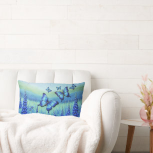 Coussin Rectangle Papillons Bleus avec des Fleurs Bleues,