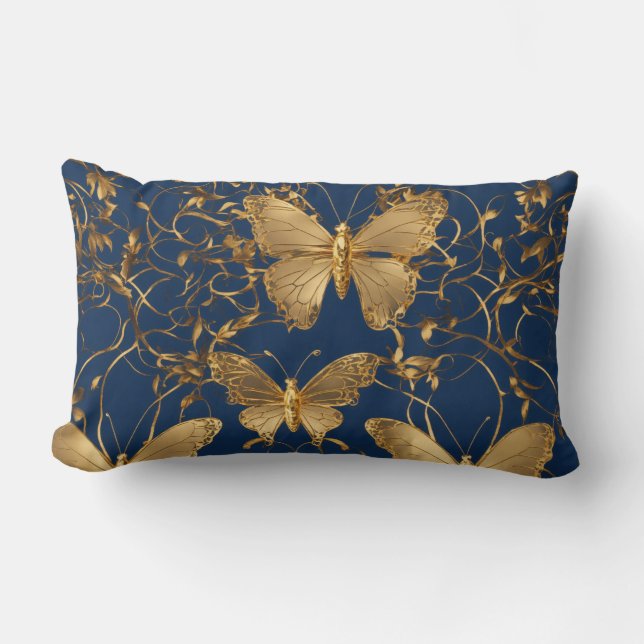 Coussin Rectangle Papillons bleus métalliques avec Vins d'or (Recto)