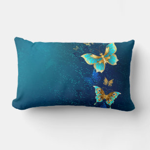 Coussin Rectangle Papillons d'or sur un Arrière - plan bleu