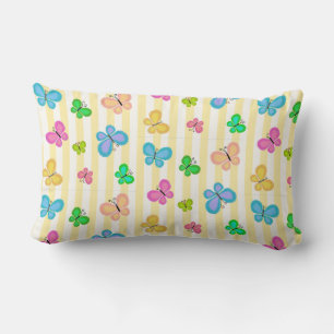 Coussin Rectangle Papillons pastel quilty sur rayure jaune blanc