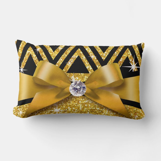 Coussin Rectangle Parties scintillant Chevron Bling Diamond Bow| or (Recto)