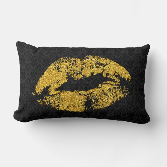 Coussin Rectangle Parties scintillant d'or Lèvres sur Damas noir (Recto)