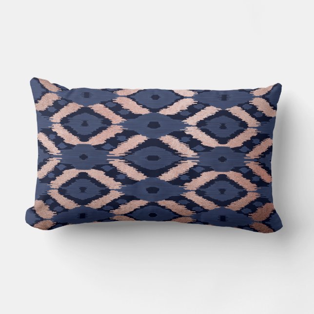 Coussin Rectangle Patters de Bohemian Rose Gold Navy Blue Ikat (Recto)