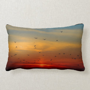 Coussin Rectangle Paysage du coucher du soleil doré Oiseaux Jaune bl