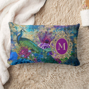 Coussin Rectangle Peacock Elegant Vintage violet Turquoise or Monogr