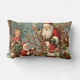 Coussin Rectangle Père Noël vintage avec enfants, rennes et cadeaux