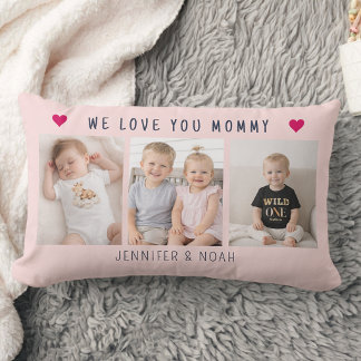 Coussin Rectangle Personalized 3-Photo Collage For Mom Pink
