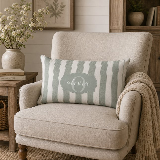 Coussin Rectangle Personnalisé Rustique Vert Sauge Rayé (Créateur téléchargé)