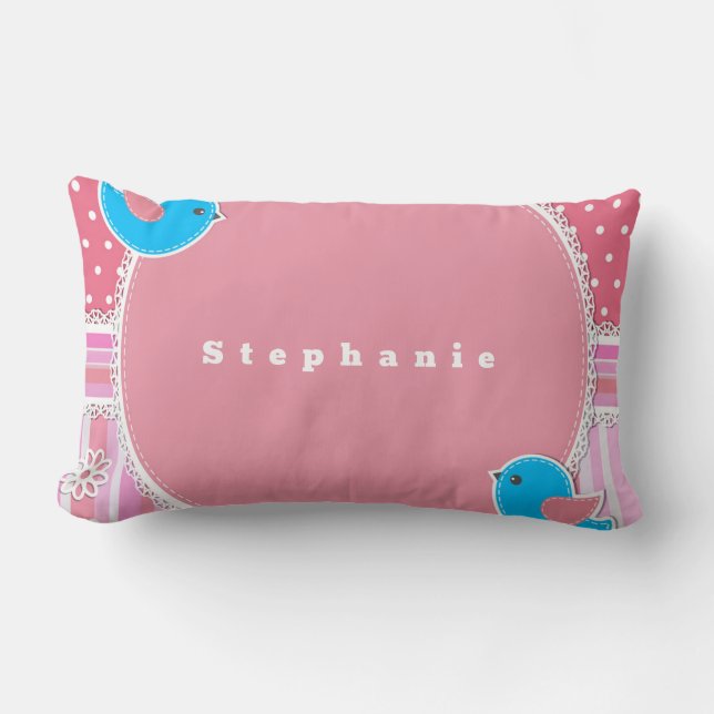 Coussin Rectangle Personnaliser Baby Girl Pink Plaid Bird Polka Dot (Recto)