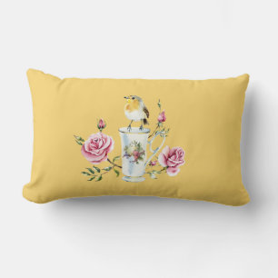 Coussin Rectangle Petit oiseau mignon sur Chine tasse de thé rose ro