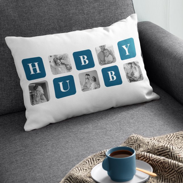 Coussin Rectangle Photo Collage Moderne Bleu Meilleur Hubby Ever Cad (Créateur téléchargé)