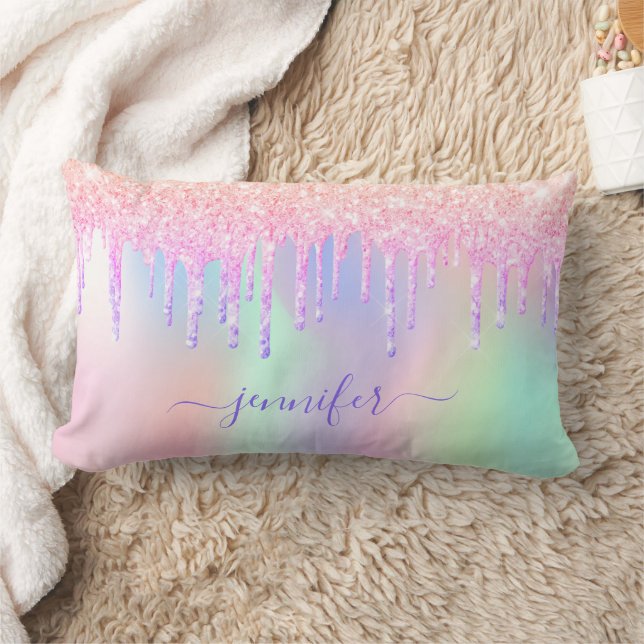 Coussin Rectangle Pink gouttes holographique nom fille (Couverture)
