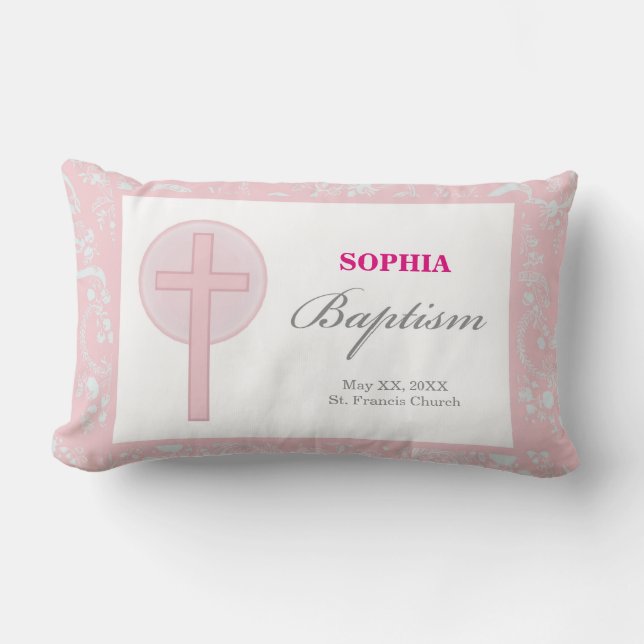 Coussin Rectangle Pink Lace Girl Baptême (Recto)