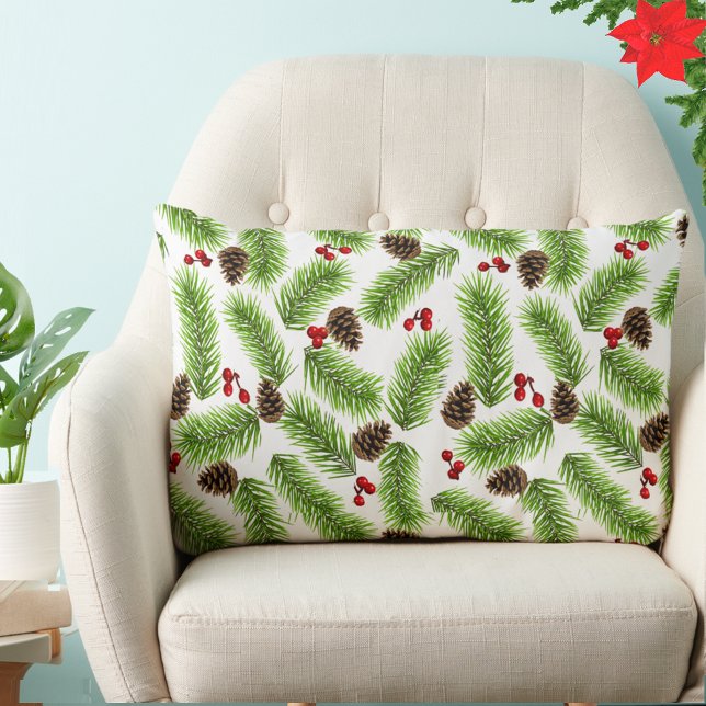 Coussin Rectangle Pins de Noël Feuilles, cônes et baies en blanc (Créateur téléchargé)