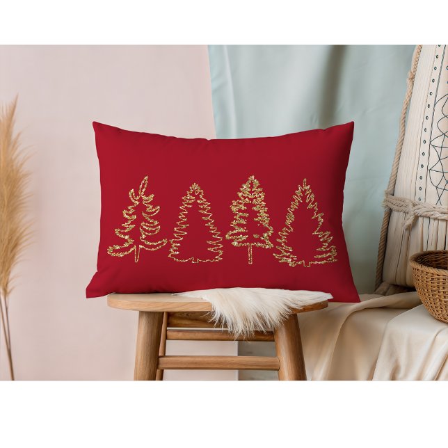 Coussin Rectangle Pins de Parties scintillant d'or, rouge de Noël, (Gold Pine Trees I Christmas Red Lumbar Pillow)