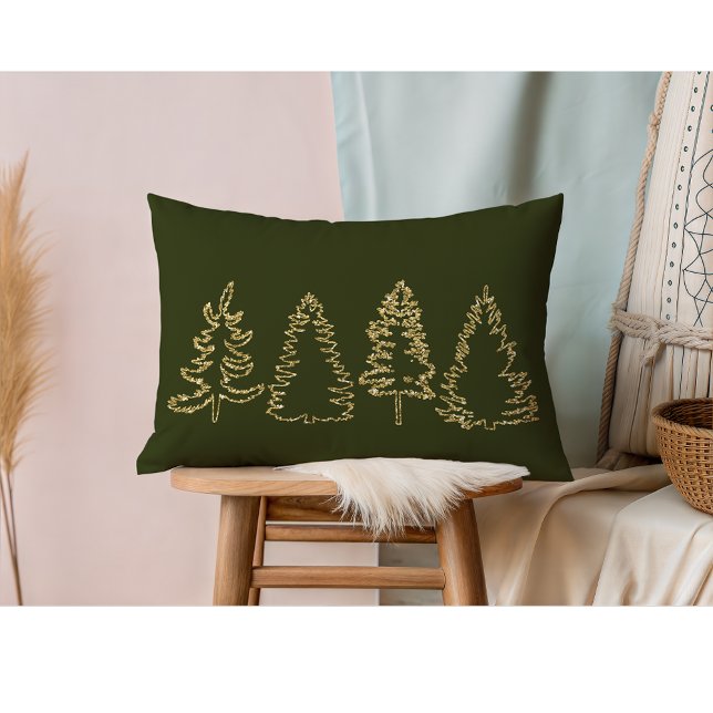 Coussin Rectangle Pins de Parties scintillant d'or, Vert ébène, (Gold Pine Trees I Ebony Green Lumbar Pillow)