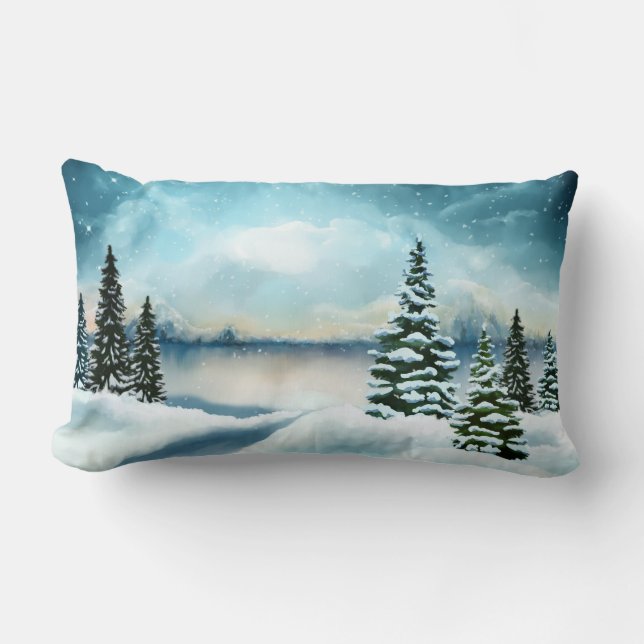 Coussin Rectangle Pittoresque Winter Wonderland aquarelle peinture (Recto)