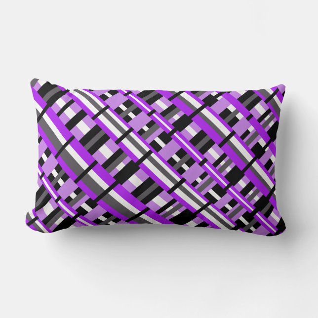 Coussin Rectangle Plaid en diagonale violet, noir et gris (Recto)