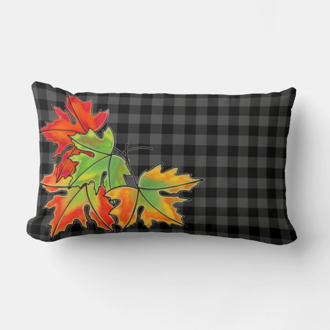 Coussin Rectangle Plaid gris avec Feuilles d'érable d'automne (Recto)