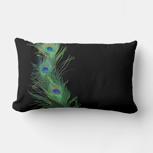 Coussin Rectangle Plumes noires et vertes de paon (Recto)
