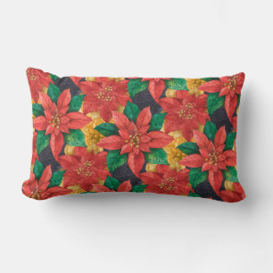 Coussin Rectangle Poinsettias Rouge et Or Noël de Noël