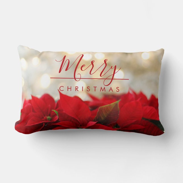 Coussin Rectangle Poinsettias rouges avec Golden Bokeh Noël (Recto)