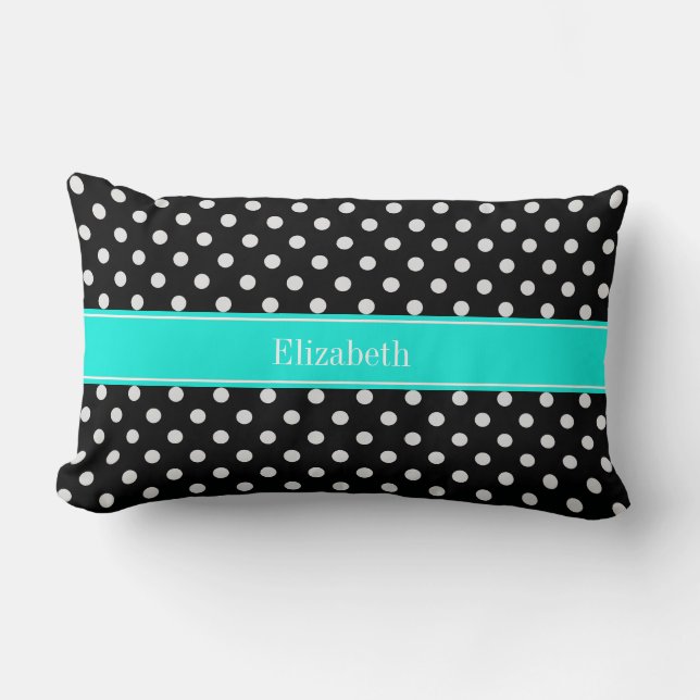 Coussin Rectangle Points noirs et blancs Aqua Nom Monogramme7 (Recto)