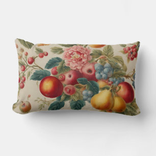 Coussin Rectangle Pommes, Poires, Raisins, Fleur Rose. Peint en fran