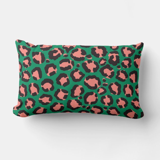 Coussin Rectangle Poster de animal Léopard vert rose corail moderne (Recto)
